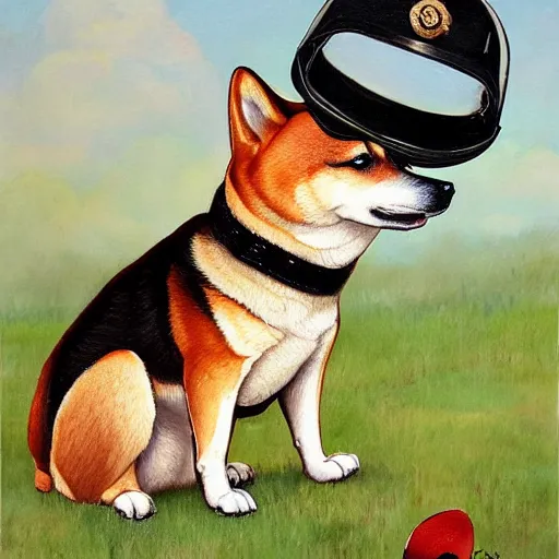 Prompt: A painting of a Shiba Inu dog wearing a soldier's helmet