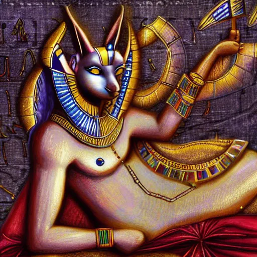 Prompt: anubis, egyptian art, lying in bed, sparkles all around, fantasy digital art, wow, stunning, hight quality