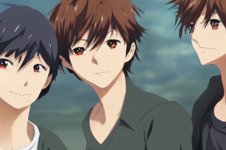 Prompt: Two anime handsome men, Makoto Shinkai