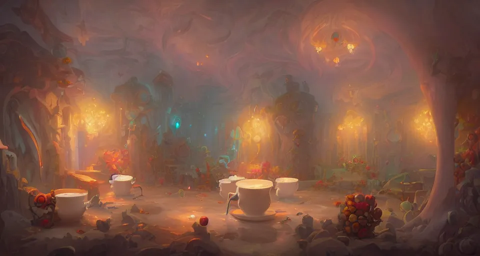 Image similar to a room built entirely out of white teacups by peter mohrbacher, vivid colors, matte painting, 8K, concept art, mystical color scheme, trending on artstation