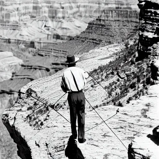 Image similar to man walking a tightrope between grand canyon vintage photo