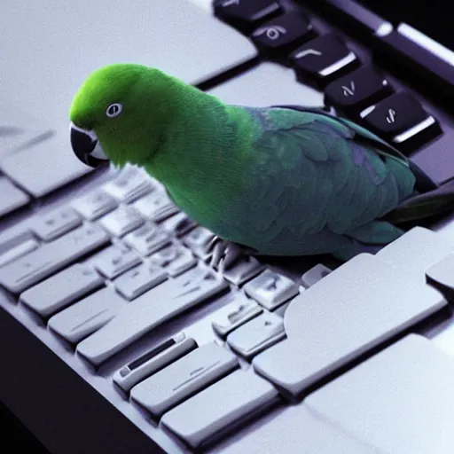 Prompt: “parrot using its beak to type on a keyboard, hd, volumetric lighting, photorealistic, octane render, photo, trending on artstation, flickr”