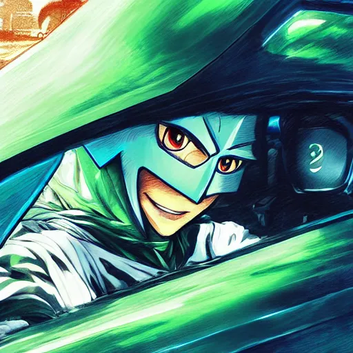 Image similar to blue knight in a green hatchback car, close up, anime, desert landscape, greg manchess, akehiko inoue and ross tran, Pyromallis Nekro Rene Margitte, Murata, one punch man manga, fight dragon