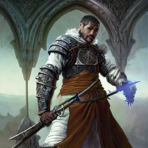 Prompt: male latino beautiful medieval cleric druid, firemagic, fire spell, athletic, Dark Souls character, highly detailed, digital fantasy character, painted portrait, biceps, muscular, artstation, concept art, hard focus, illustration, art by artgerm and greg rutkowski and Alphonse Mucha and Craig Mullins, James Jean, Andrey Ryabovichev, Mark Simonetti and Peter Morbacher 16k
