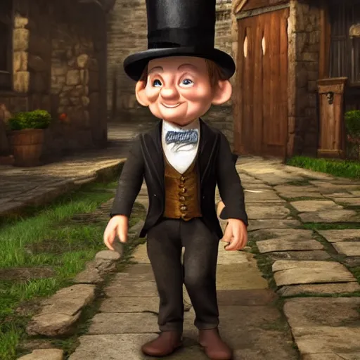 Prompt: an old halfling wearing a suit and top hat in a medieval village, character art, D&D, high detail, trending on artstation, 4k photorealistic, volumetric lighting, HD
