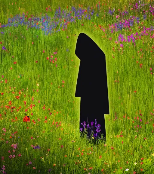 Prompt: tall hooded shadow person figure standing in beautiful meadow of flowers, disney animated, grainy, high detail, high resolution