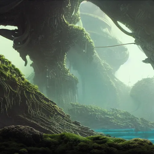 Image similar to a matte painting of alien underwater landscape of lush flora, remnants of old spaceship, alien creatures emerging, morning, by Giger and Ralph McQuarrie and Bruce Pennington, cinematic lighting, ambient light, hyperrealism, nvidia, octane render, 8k, iridescent accents, vray, deviantart