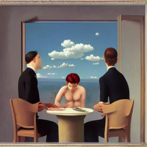 Prompt: a co-worker loses his mind by Raphael, Hopper, and Rene Magritte. detailed, romantic, enchanting, trending on artstation.