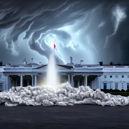 Image similar to uhd photorealistic hurricane made of cash in front of the white house, 8 k, cinematic lighting, in the style of ayami kojima and greg rutkowski with vivid colors and crisp details