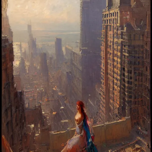 Prompt: woman, city, looking down, street top view, vibrant, by gaston bussiere, bayard wu, greg rutkowski, giger, maxim verehin