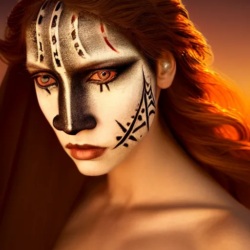 Image similar to photographic portrait of a stunningly beautiful renaissance female with tribal gothic makeup in soft dreamy light at sunset, contemporary fashion shoot, by edward robert hughes, annie leibovitz and steve mccurry, david lazar, jimmy nelsson, breathtaking, 8 k resolution, extremely detailed, beautiful, establishing shot, artistic, hyperrealistic, beautiful face, octane render