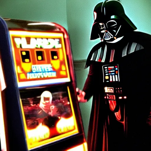 Prompt: rare photo of darth vader playing arcade game