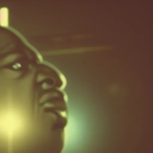 Image similar to Portrait of Biggie Smalls in GTA IV, splash art, movie still, cinematic lighting, dramatic, octane render, long lens, shallow depth of field, bokeh, anamorphic lens flare, 8k, hyper detailed, 35mm film grain