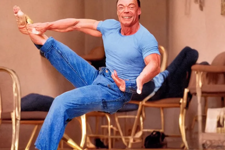 Image similar to hyperrealistic Jean Claude Vandamme doing the splits, spread eagle between two chairs over a toilet, golden hour, smiling, award winning