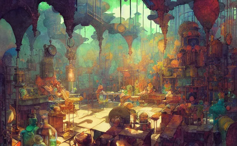 Image similar to alchemy laboratory, fantasy. intricate, amazing composition, colorful watercolor, by ruan jia, by maxfield parrish, by marc simonetti, by hikari shimoda, by robert hubert, by zhang kechun, illustration, gloomy