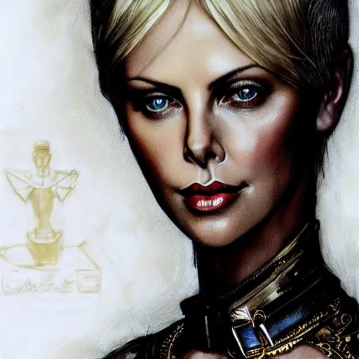 Image similar to beautiful Charlize Theron, perfect face and boy, in detailed steampunk dress, smooth, sharp focus, illustration, realistic, cinematic, artstation, gold, ornate, award winning, original modern artwork, set on H. R. Giger aesthetic, rgb ethereal lighting,8k