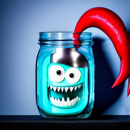 Image similar to Evil monster in a jar, product photography, centered, studio lightning