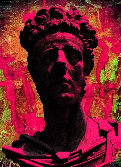 Image similar to black background with subtle red and purple design elements, statue of julius caesar, nekro, collage art, thin lines, dark, glitch art, neo vaporwave, gritty, layout frame, trending on artstation