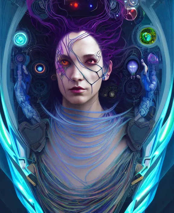 Image similar to a whirlwind of souls rushing inside the metaverse, half body, jewelry, hologram, dreads, android, cyborg, cyberpunk face, by loish, d & d, fantasy, intricate, elegant, highly detailed, colorful, vivid color, digital painting, artstation, concept art, art by artgerm and greg rutkowski and alphonse mucha