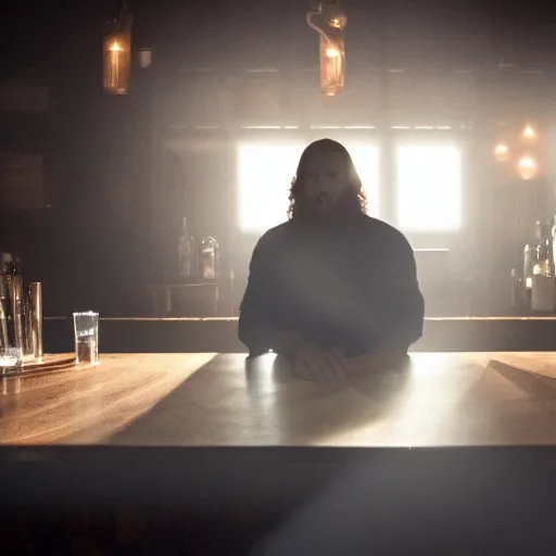 Image similar to a still of jesus sitting down on a stool at the bar, last call. it's dark and smoky. god rays through fog.