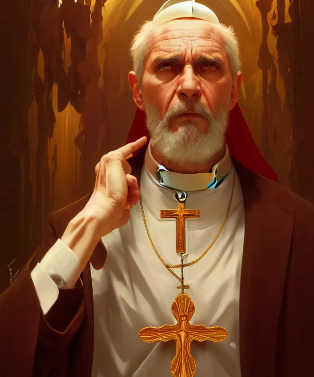 Image similar to a greedy preacher, an evil Catholic priest, portrait, intricate, elegant, highly detailed, digital painting, artstation, concept art, smooth, sharp focus, illustration, art by artgerm and greg rutkowski and alphonse mucha