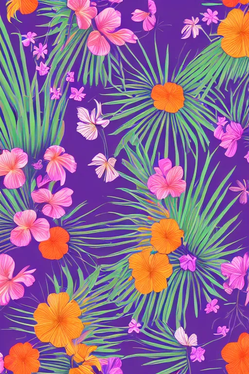 Image similar to muted sonbre detailed vector illustration of photorealistic tropical flowers and green reeds, multiple cohesive colors ranging from warms purples to bright oranges on a ((very dark black background)), 4K resolution, trending on artstation, hd wallpaper