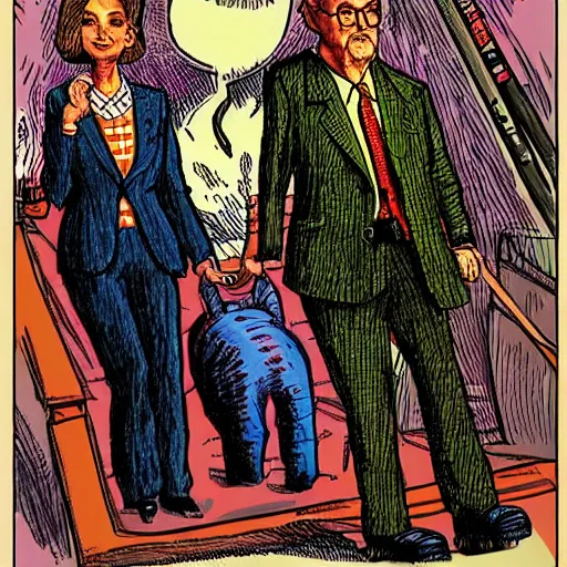 Image similar to The Artwork of R. Crumb and his Cheap Suit Mitch McConnell and Nancy Pelosi, pencil and colored marker artwork, trailer-trash lifestyle