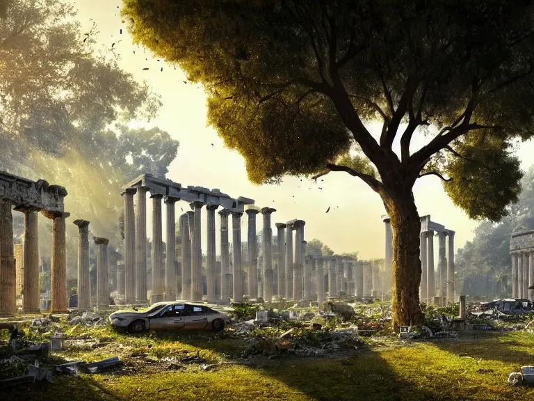 Image similar to a tree growing in ancient greek ruins, gray wasteland, many scrap cars, trash, rubble, overgrown, pillars and arches, flowers, vines, hyperrealistic, highly detailed, cinematic, ray of golden sunlight shining on the tree, beautiful, cgssociety, artstation, 8 k, oil painting by greg rutkowski, by artgerm, by wlop