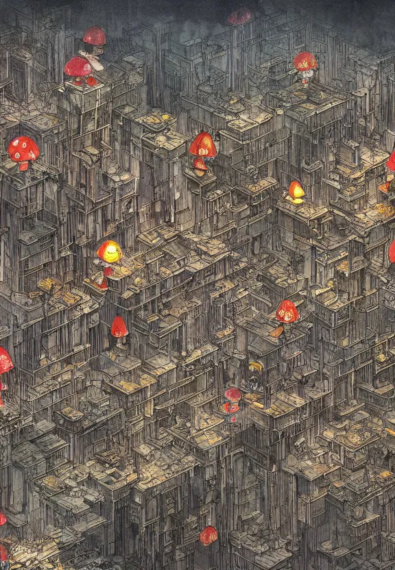 Image similar to [Underground city with checkered!! flags, brutalism! and little mushrooms. Propaganda!!! poster!!!!!, intricate, elegant, highly detailed, digital painting, artstation, concept art, matte, sharp focus, illustration, art by Enki Bilal and Moebius]