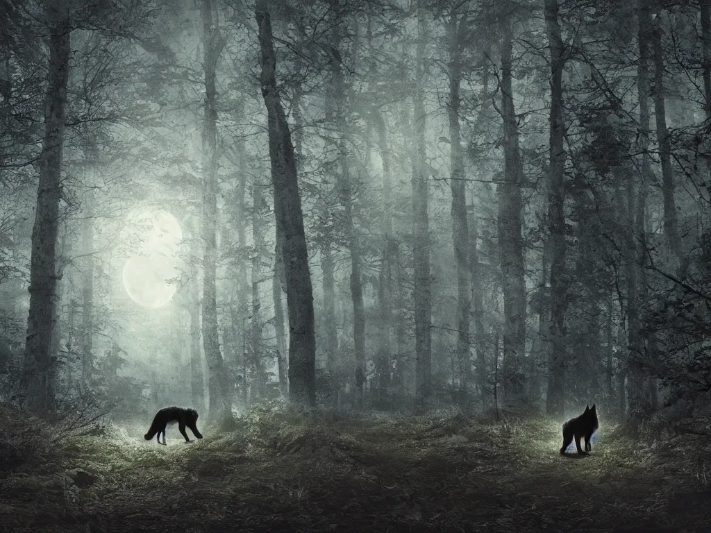 Image similar to a large wolf walking on a dark path through the forest at night under a full moon, 4 k, photorealistic, matte painting,