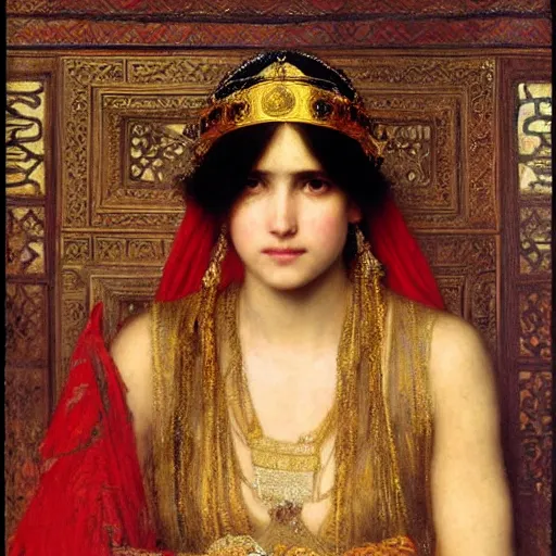 Prompt: orientalist portrait of a sad princess wearing a golden tiara intricate portrait by john william waterhouse Edwin Longsden Long and Theodore Ralli and Henryk Siemiradzki, very coherent symmetrical artwork. Cinematic, hyper realism, high detail 8k