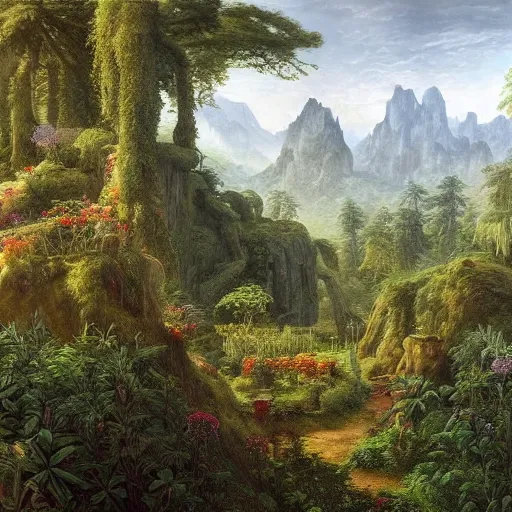 Prompt: a beautiful and highly detailed matte painting of a magical garden in a lush forest deep in an epic mountain range, intricate details, epic scale, insanely complex, 8 k, sharp focus, hyperrealism, by caspar friedrich,