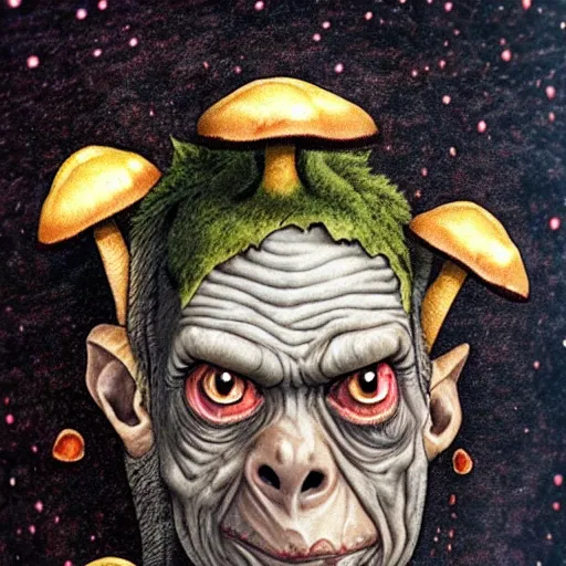 Image similar to Gollum with spores on head , mushrooms