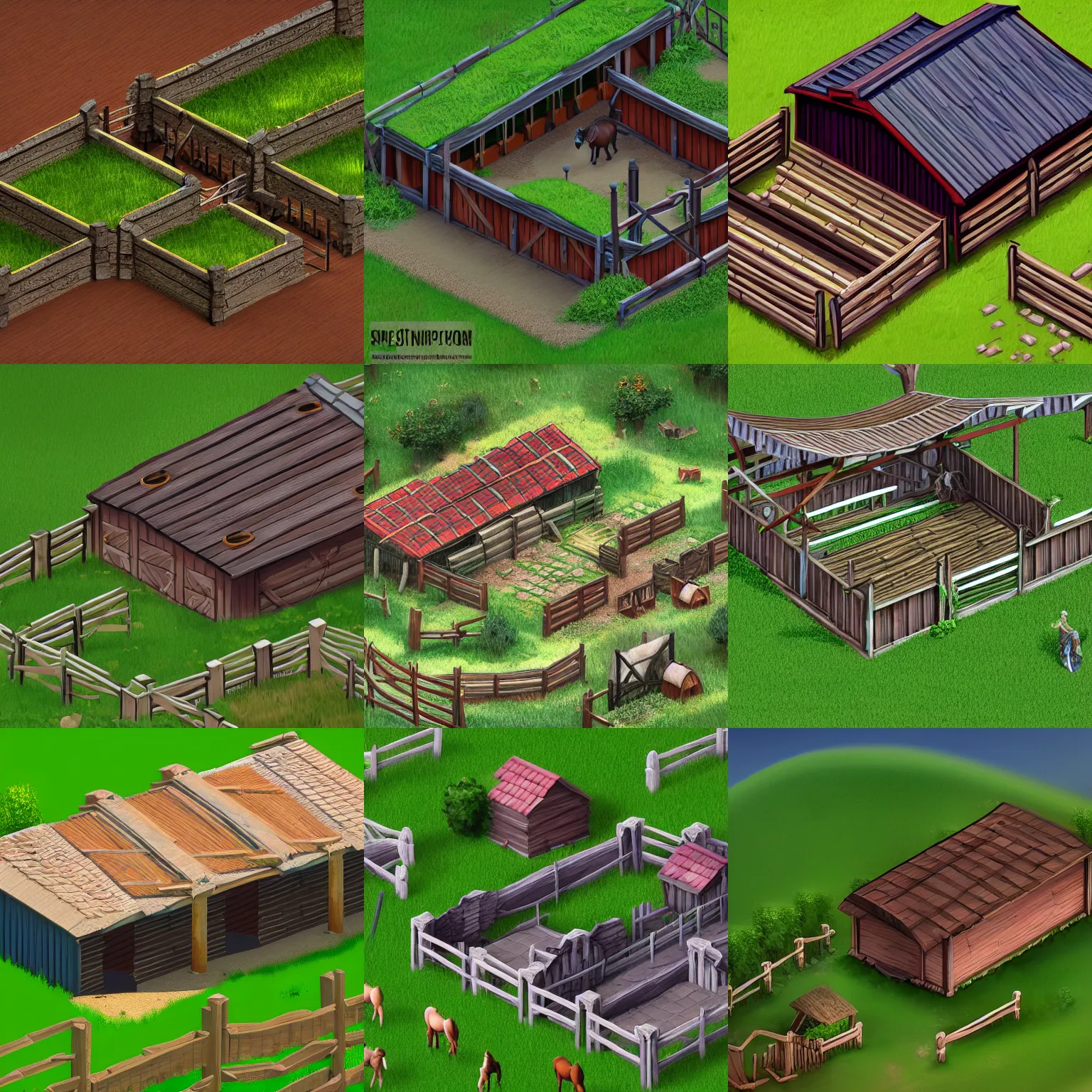 Prompt: horse stable with green roof, isometric game asset, artstation