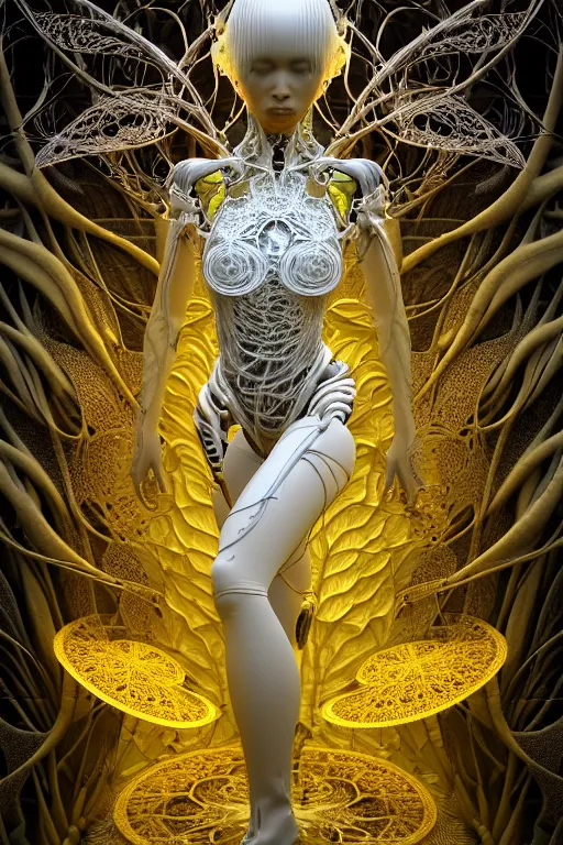 Image similar to intricate hyper detailed ultra sharp 3 d render, unity of mood, biomechanical cyborg ladies dancing, atmospheric, foliage, fractal, flowing, white large pore fungi, cyberpunk art nouveau, haute couture alexander mcqueen leaves stems dahlia blooming transparent fractal filigree roots, intricate details, octane render, volumetric cinematic lighting, natural beautiful light, yellow infrared, lumiol, 8 k,