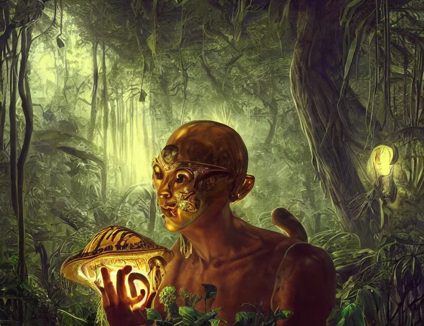 Prompt: a neoclassicist portrait of a big - eyed alien boy meditating wearing an iridescent venetian carnival butterfly mask surrounded by mushrooms in a jungle at night. reflective textures. glowing fog. highly detailed fantasy science fiction painting by moebius, norman rockwell, frank frazetta, and syd mead. rich colors, high contrast, gloomy atmosphere, dark background. artstation