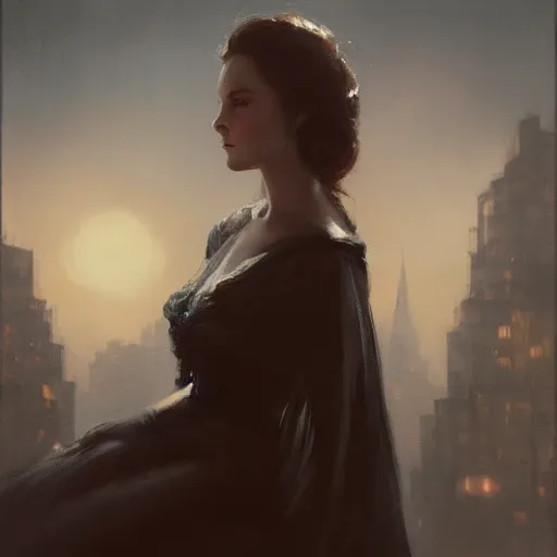 Prompt: portrait of a young vivian leigh, dramatic light, city background, night, moon, chiaroscuro, high detail, sharp, painted by greg rutkowski, painted by igor kieryluk, painted by bobby chiu, trending on artstation