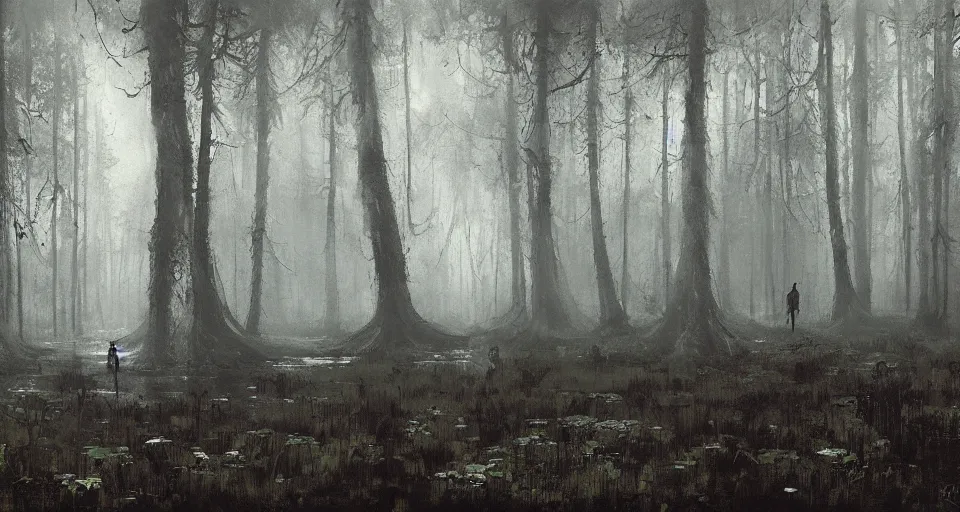 Prompt: A dense and dark enchanted forest with a swamp, by JAKUB ROZALSKI