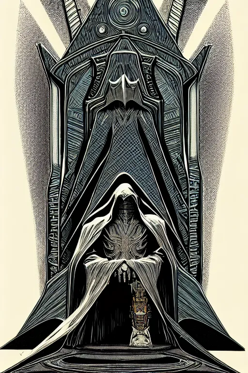 Image similar to cloaked wizard sitting in a throne, high details, intricately detailed, by vincent di fate, inking, 3 color screen print, masterpiece, trending on artstation,, sharp, details, hyper - detailed, hd, 4 k, 8 k