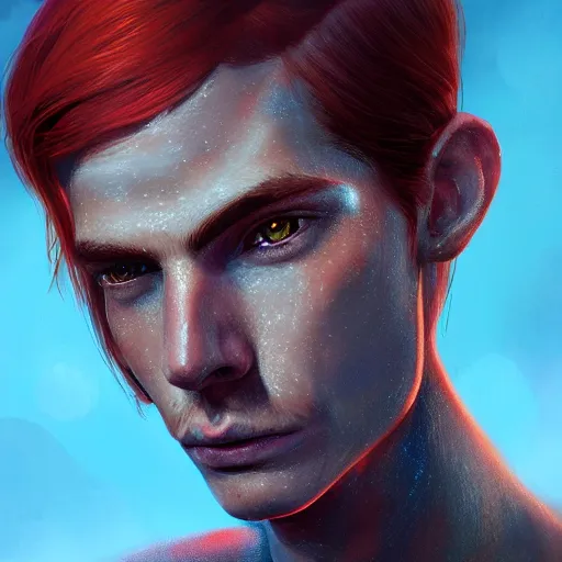 Image similar to portrait of a thin young man with long red hair, ponytail, a lot of freckles on his face, intricate, elegant, glowing lights, highly detailed, digital painting, artstation, concept art, smooth, sharp focus, illustration