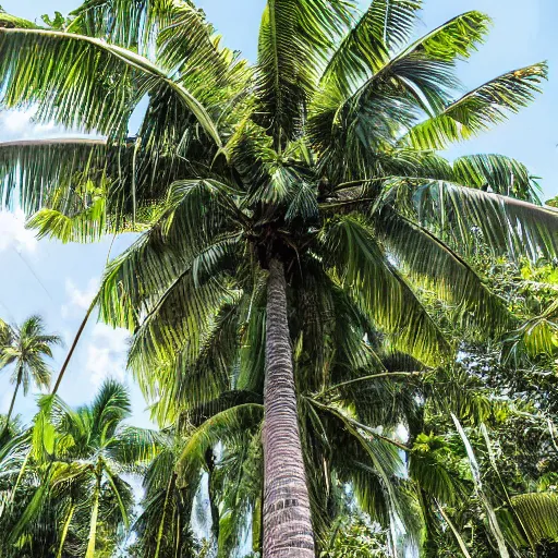 Prompt: a tropical coconut tree merging into more trees to create one super coconut tree of life that generates a coconut as large as the world to create a new species award winning