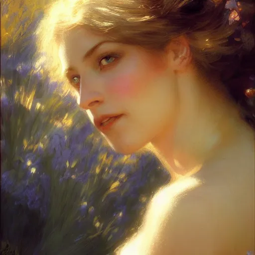 Image similar to detailed cinematic wide shot of beautiful attractive woman slim face symettrical face clean skin blue eyes white hair, ultra realistic, spring light, painting by gaston bussiere, craig mullins, j. c. leyendecker