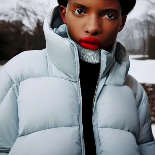 Image similar to realistic photoshooting for a new balenciaga lookbook color film photography close up portrait of a beautiful woman model, model wears a puffer jacket, photo in style of tyler mitchell, ssense