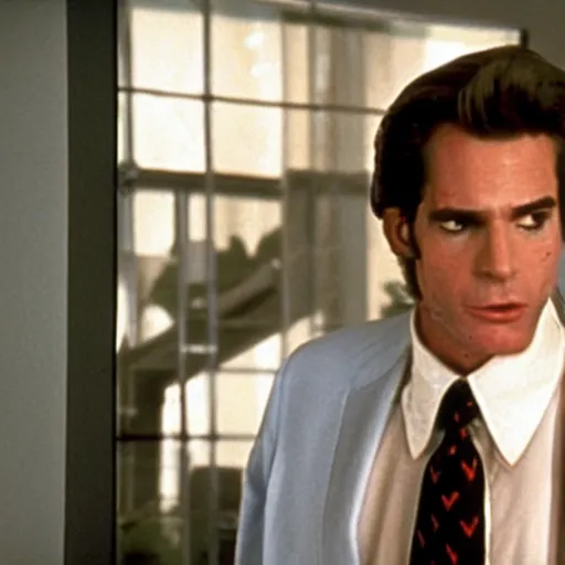 Image similar to huey lewis and the news visit patrick bateman in a pschy ward and give him a kiss on the lips