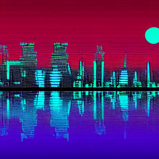 Prompt: cityscape full of mayan pyramids with neons and ufos in the sky viewed from a lake in retrowave style 4 k