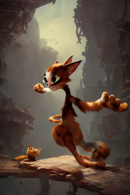 Image similar to a cartoony cat, in the style of Rayman origins, michael ancel, Ruan Jia and Mandy Jurgens and Greg Rutkowski, trending on Artstation, award winning, unreal engine, octane render W 1024