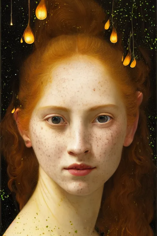 Image similar to portrait of happy a young woman, among the lights of golden fireflies and nature, long loose red hair, intricate details, bright green eyes, freckles on the nose, round gentle face, intricate dress, golden ratio, hyper realistic digital art by artemisia lomi gentileschi and caravaggio, gaston bussiere and tomacz alen kopera.