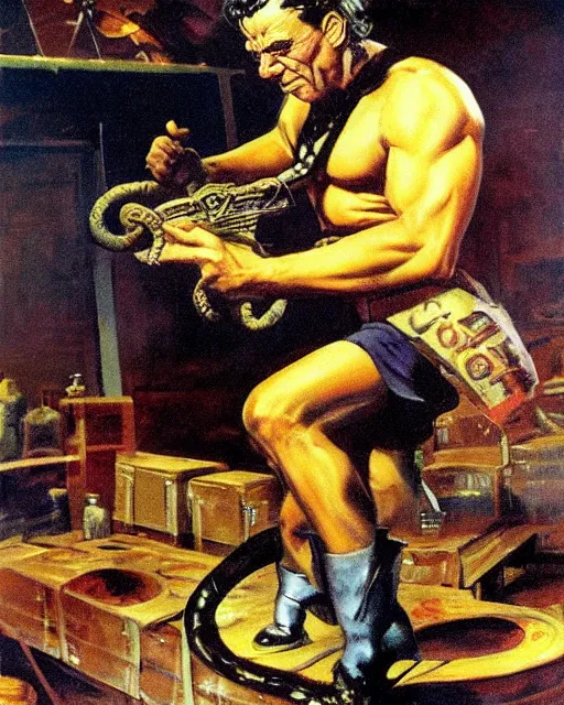 Prompt: muscly grimacing Snake Oil salesman shredding on a Gibson Les Paul in a snake oil warehouse, painting by Frank Frazetta