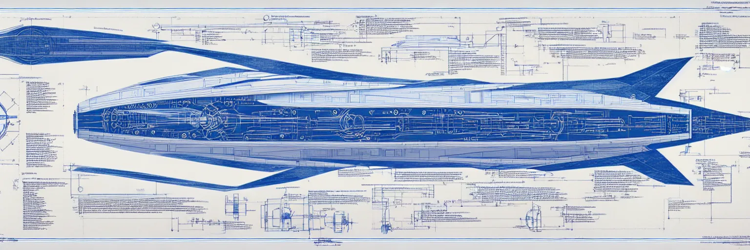 Image similar to blueprint for a sentient starship, technical drawing with annotations and notes in the margins, algorithms and physics equations, concept design by peter mohrbacher and craig mullins and hiroshi yoshida and james jean and frank frazetta and michael whelan and andreas rocha