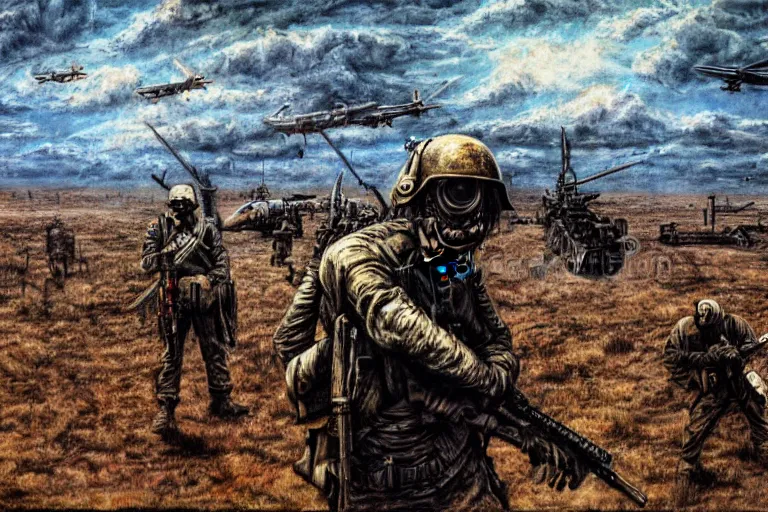 Prompt: war huh what is it good for, photoillustration ink drawing acrylic art digital illustration oil on canvas photorealistic polished sci - fi james gurney filmic stock photo landscape polished photorealistic